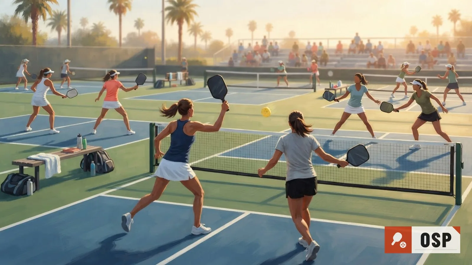 Illustration: sunlit outdoor court with many women players in sportswear mid-rally across several pickleball nets, paddles raised.