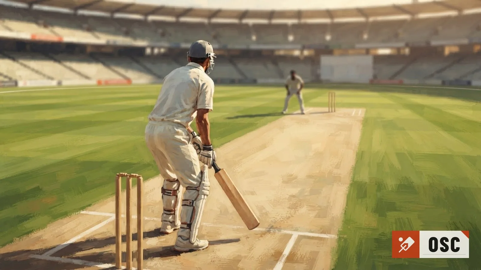 Illustration: a cricket batter in whites stands ready at the crease, holding a bat, on a sunlit pitch before an empty stadium background.