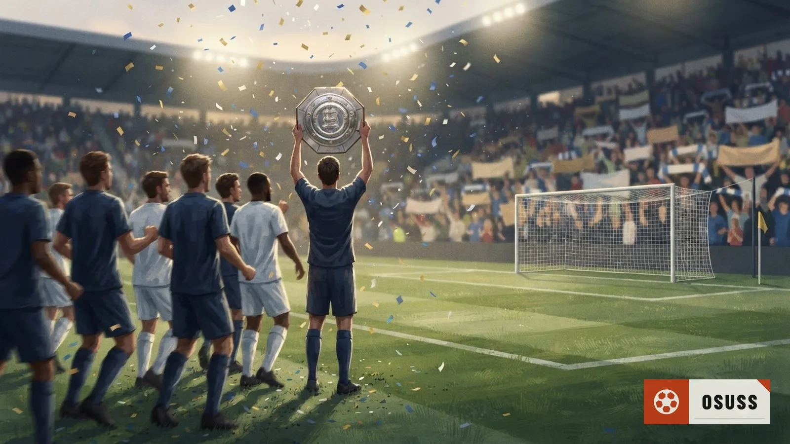 Illustration: soccer players celebrate on a floodlit pitch beside a raised silver trophy shield, confetti falling, empty net in background.