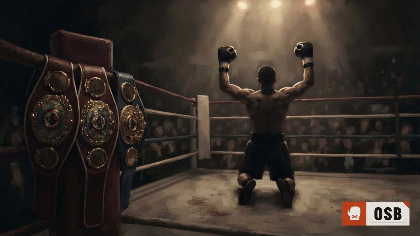 Illustration: a boxer raises gloved fists in a ring, three championship belts draped over a nearby corner post.