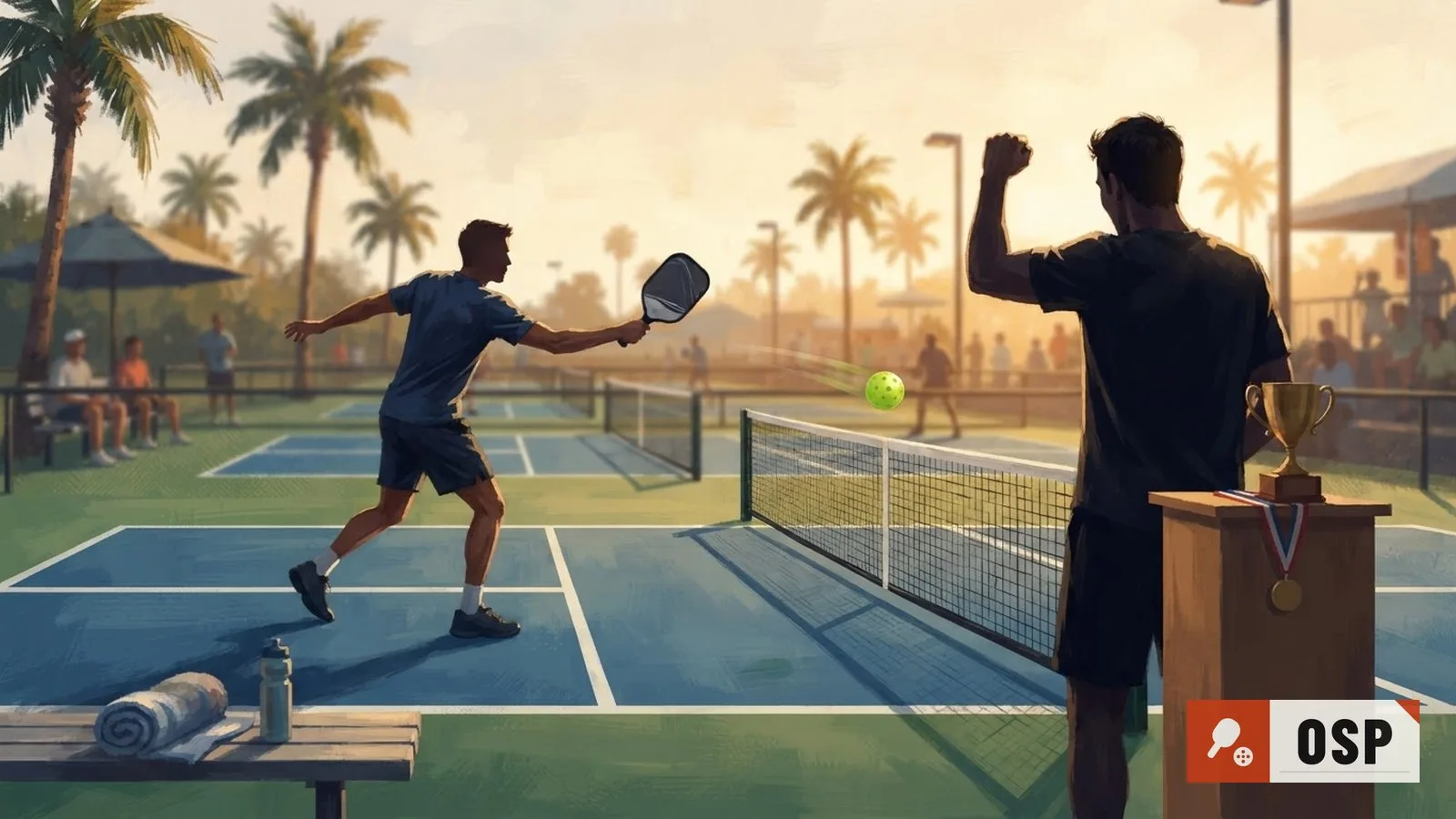 Illustration: two silhouetted athletes mid-swing on an outdoor paddle sport court, one raising a fist near a trophy and medal on a podium stand.