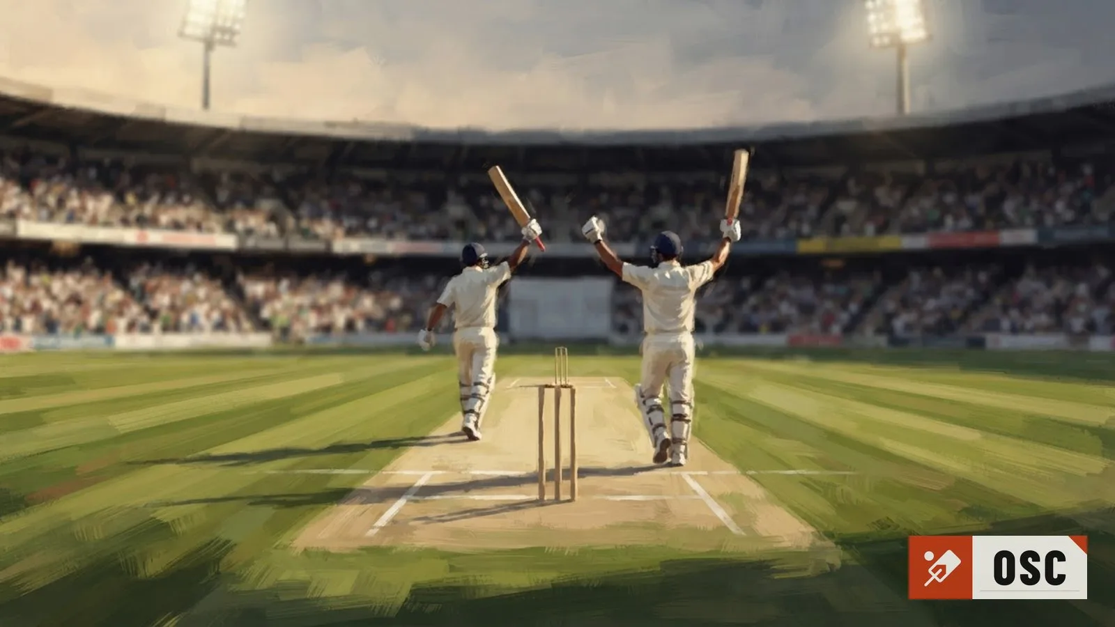 Illustration: two cricketers celebrate mid-pitch, bats raised, under floodlights on a packed stadium field.