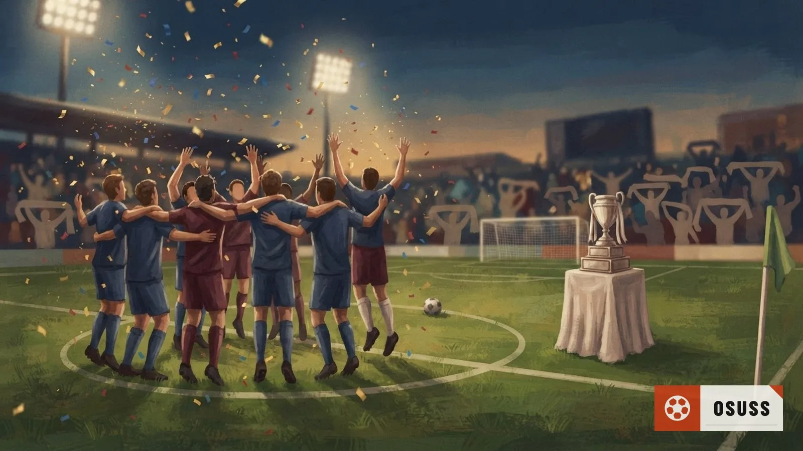 Illustration: soccer players in generic jerseys celebrate on a floodlit field, confetti falling near empty championship trophy stand