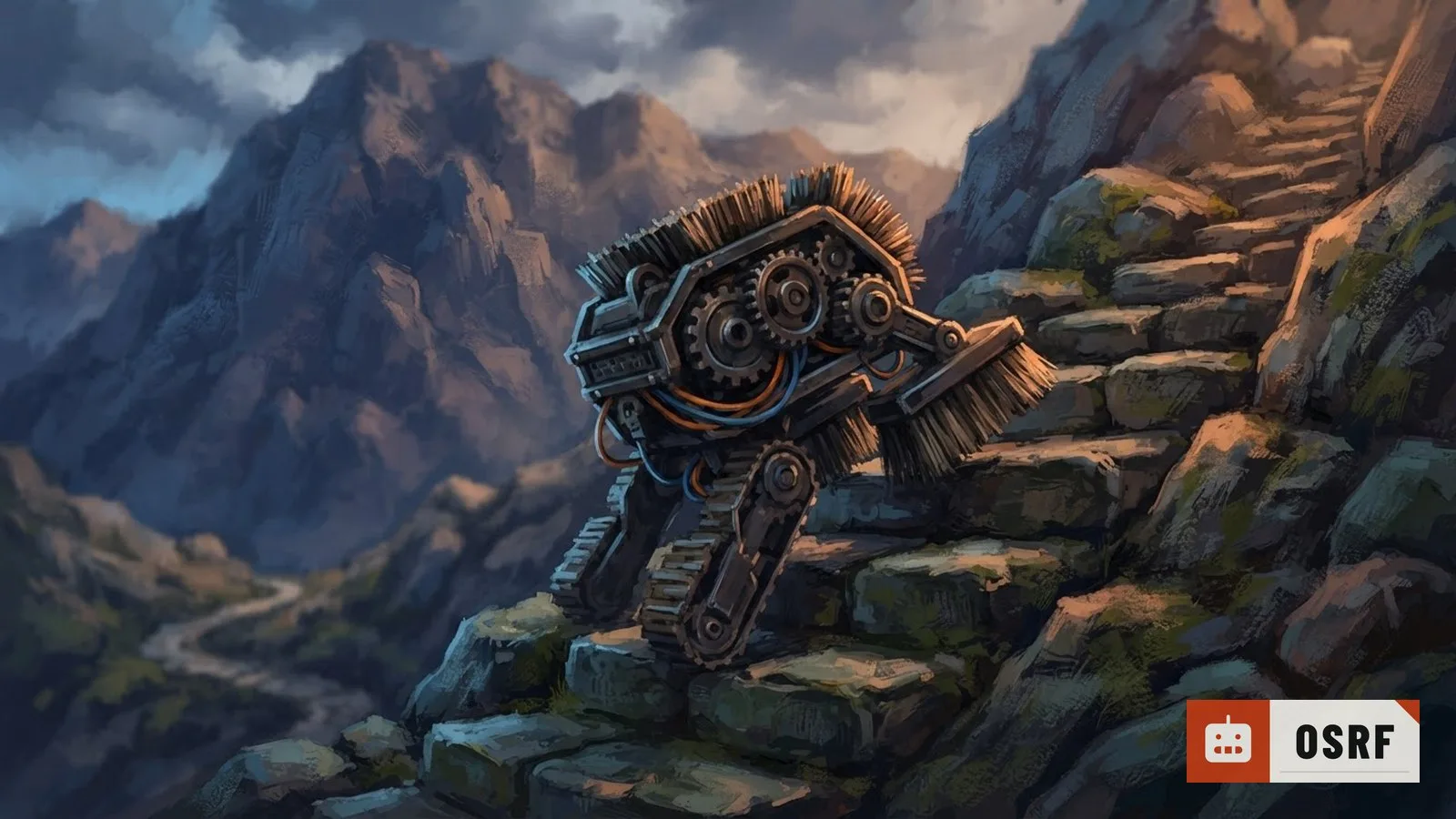 Illustration: a small bristle-covered robot on rocky stone steps against a mountainside, mid-climb, no visible people