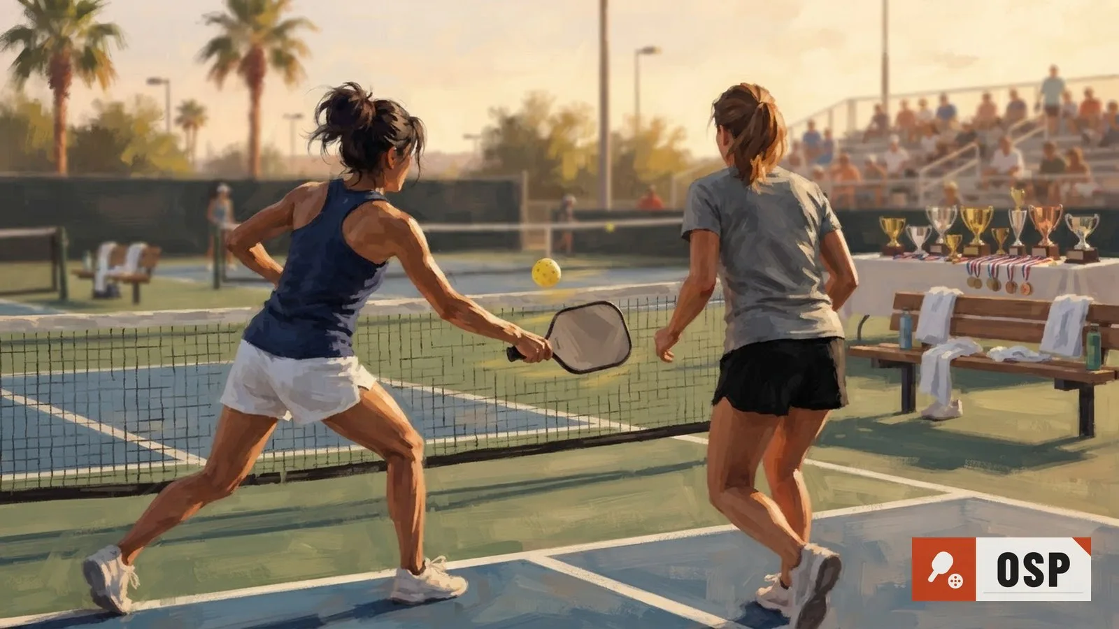Illustration: two indistinct figures on an outdoor paddle court mid-rally, trophies and medals blurred in the background.
