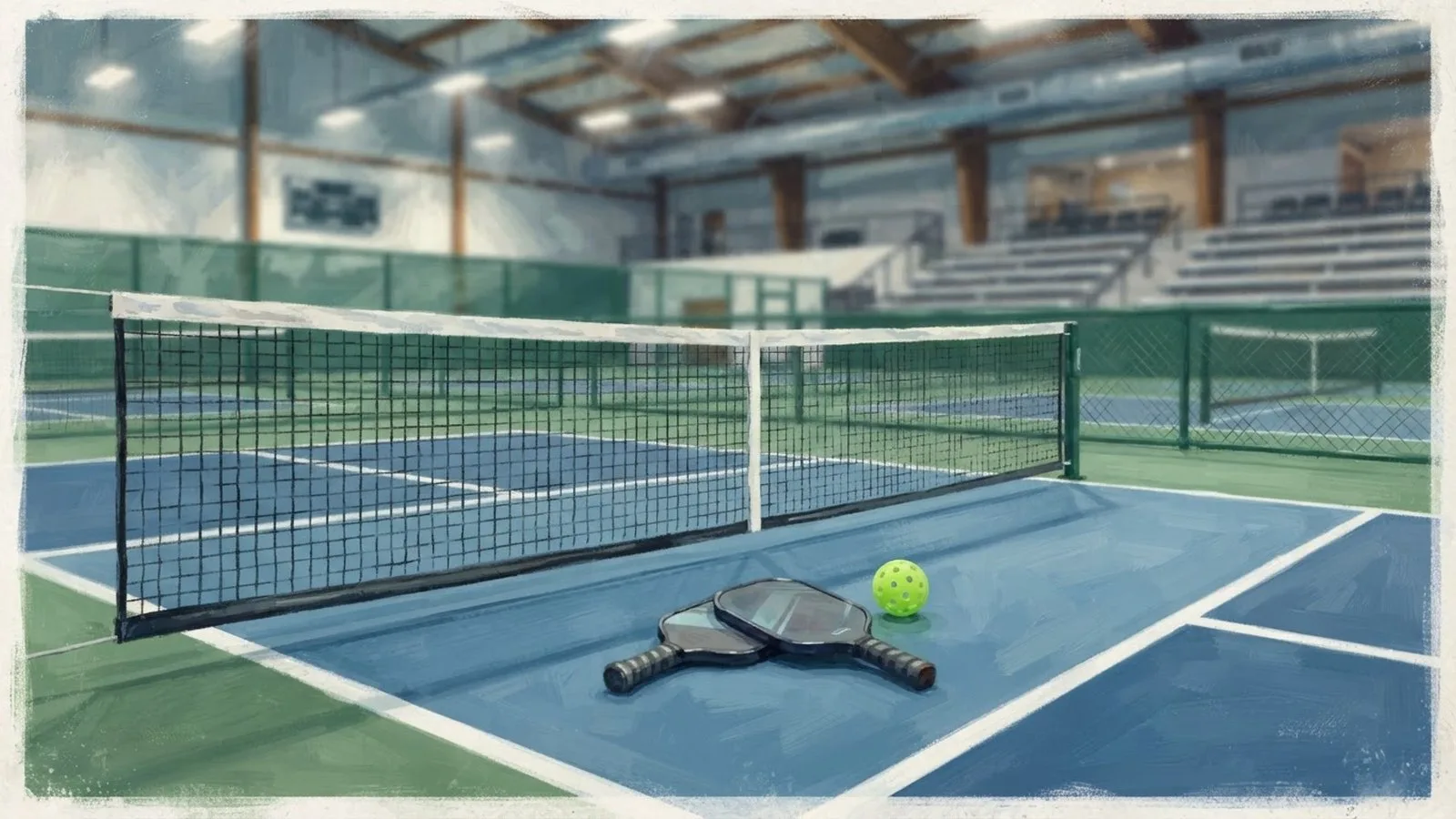Illustration: an empty indoor pickleball court with paddles and a ball resting near the net, overhead lights on