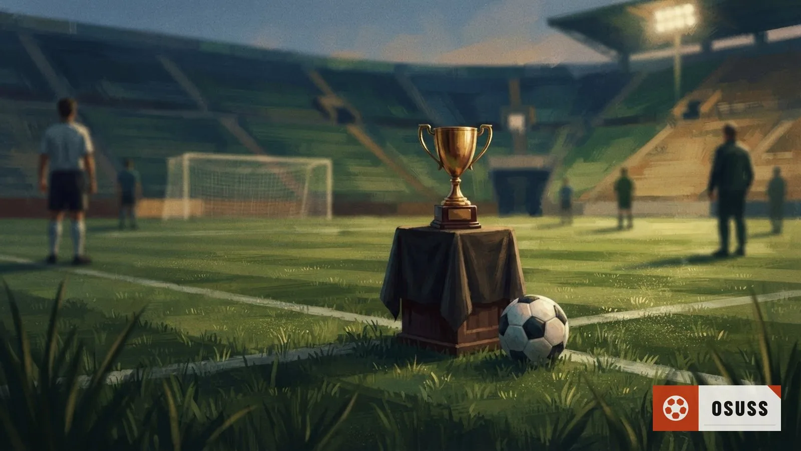 Illustration: a golden trophy sits on a pedestal under spotlight, soccer ball resting beside it on an empty stadium pitch.