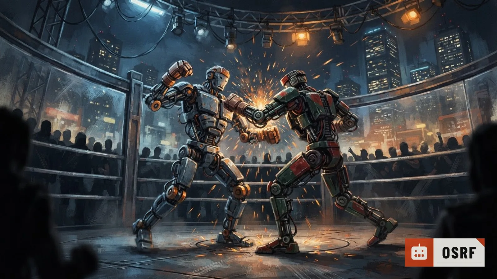 Illustration: two humanoid robots clash in a lit arena, sparks flying, under a night sky with illuminated city towers.