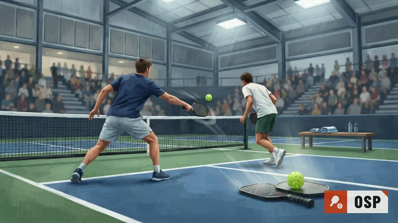 Illustration: an indoor sports arena with a pickleball court, paddles resting near the net under bright overhead lights.
