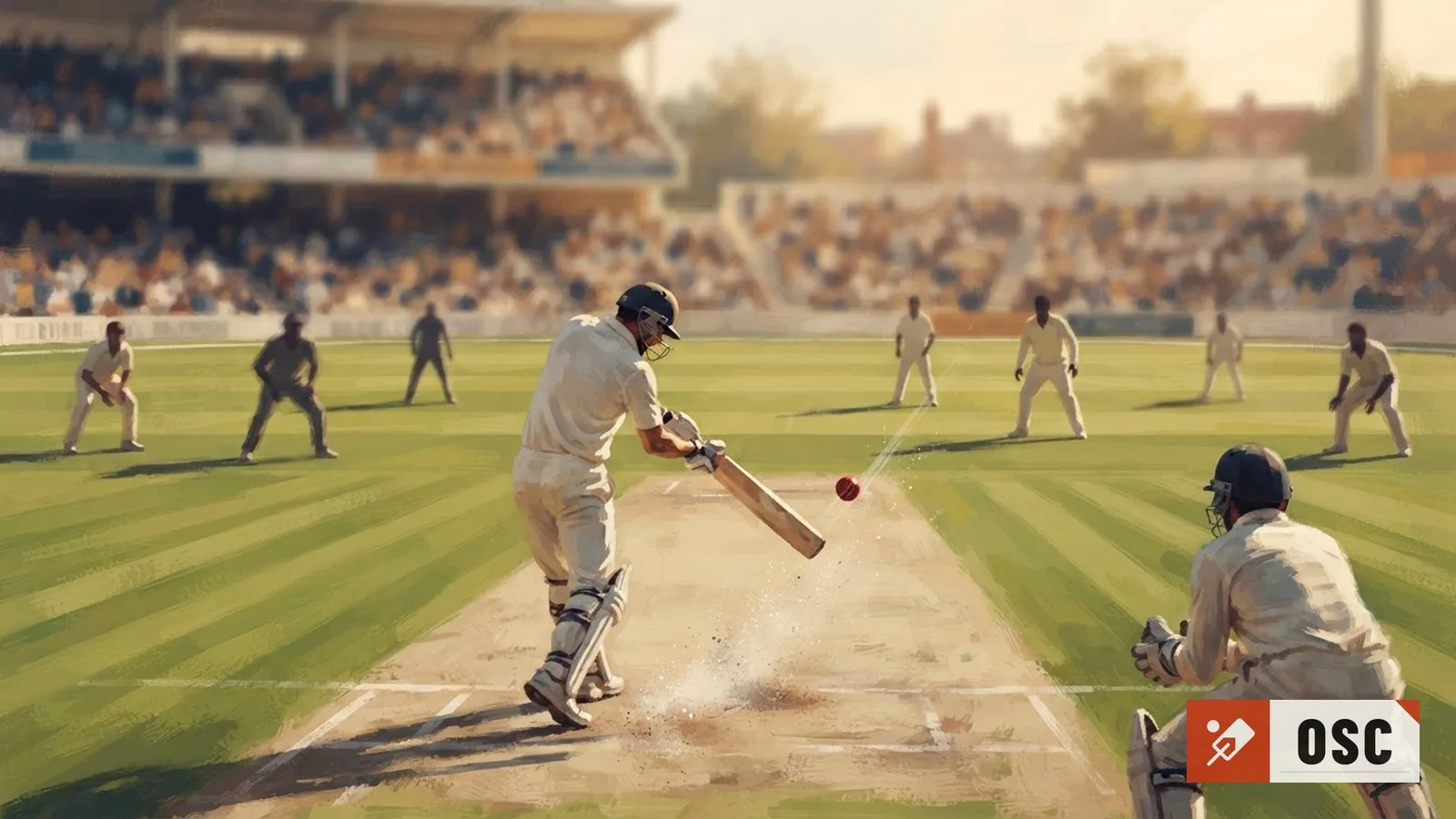 Illustration: cricket batter mid-swing on a sunlit pitch, scoreboard-less field, teammates in the distance watching the ball fly