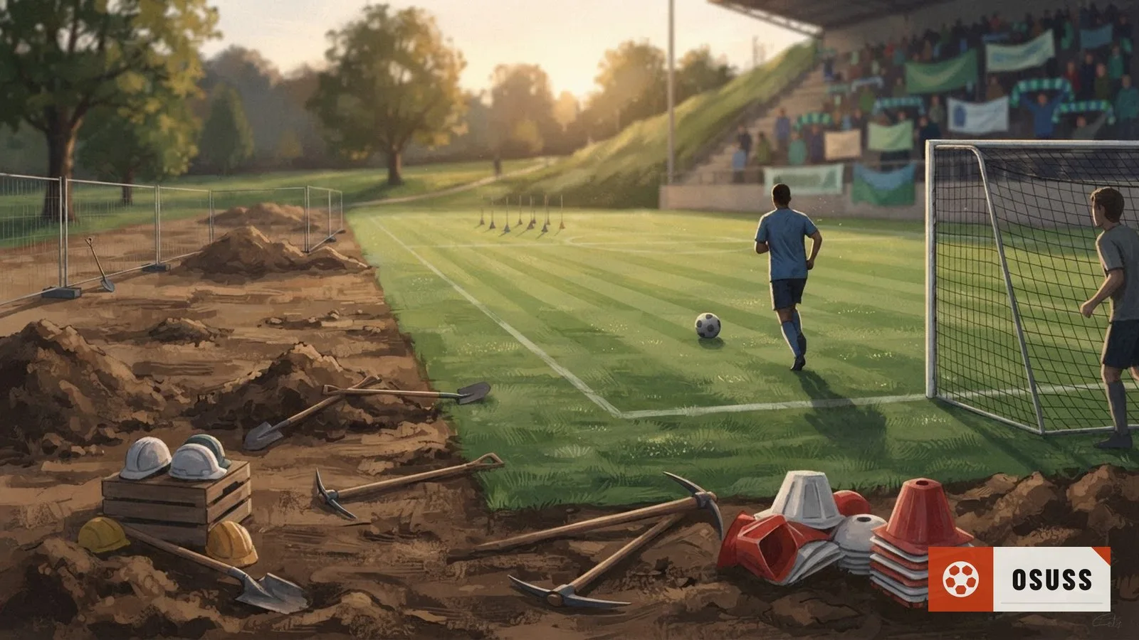Illustration: construction site with turned earth, shovels, hard hats, and stacked soccer field markers near a grassy park