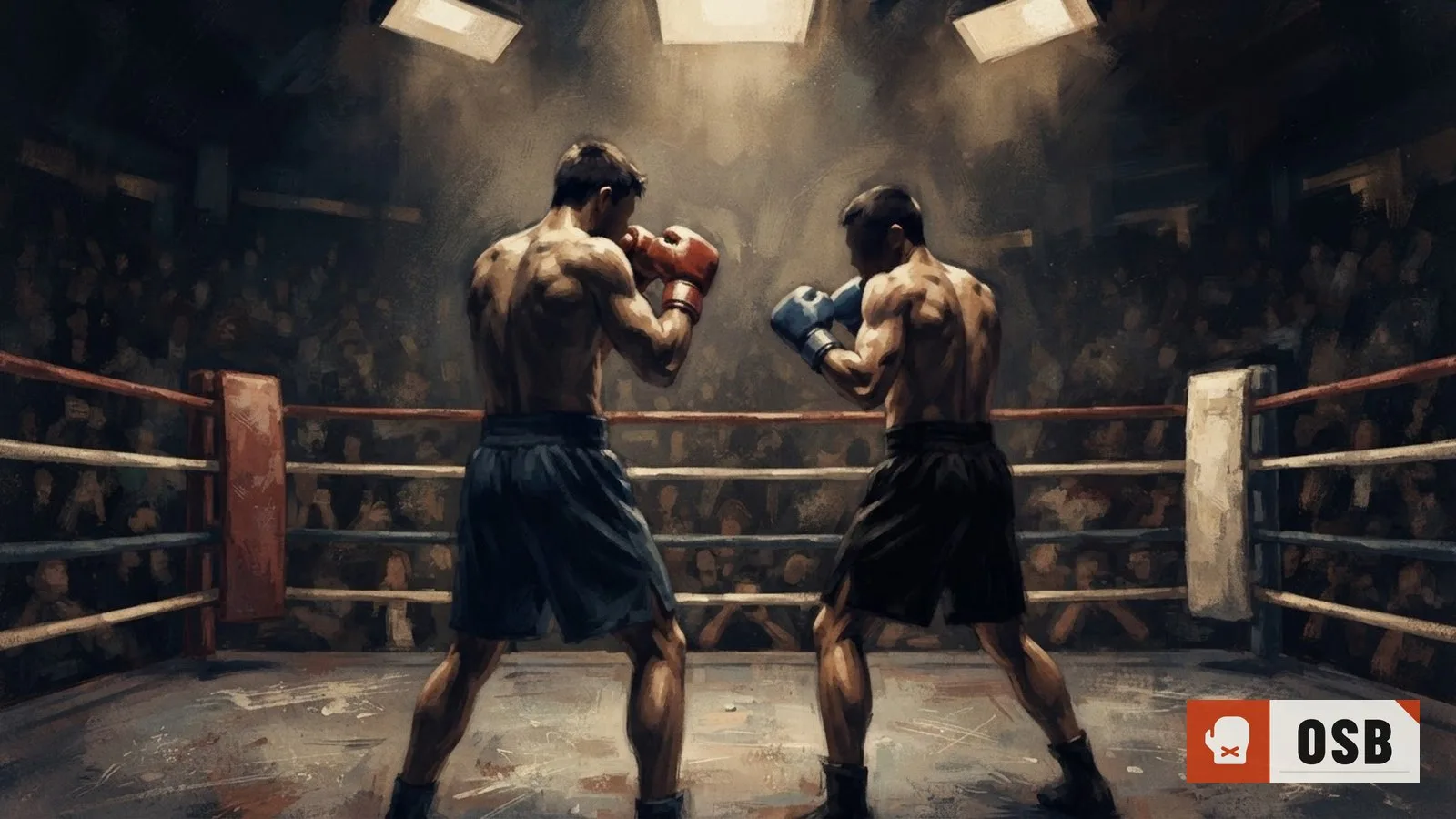 Illustration: two boxers in gloves and shorts face off under bright arena lights, fists raised in a packed stadium.