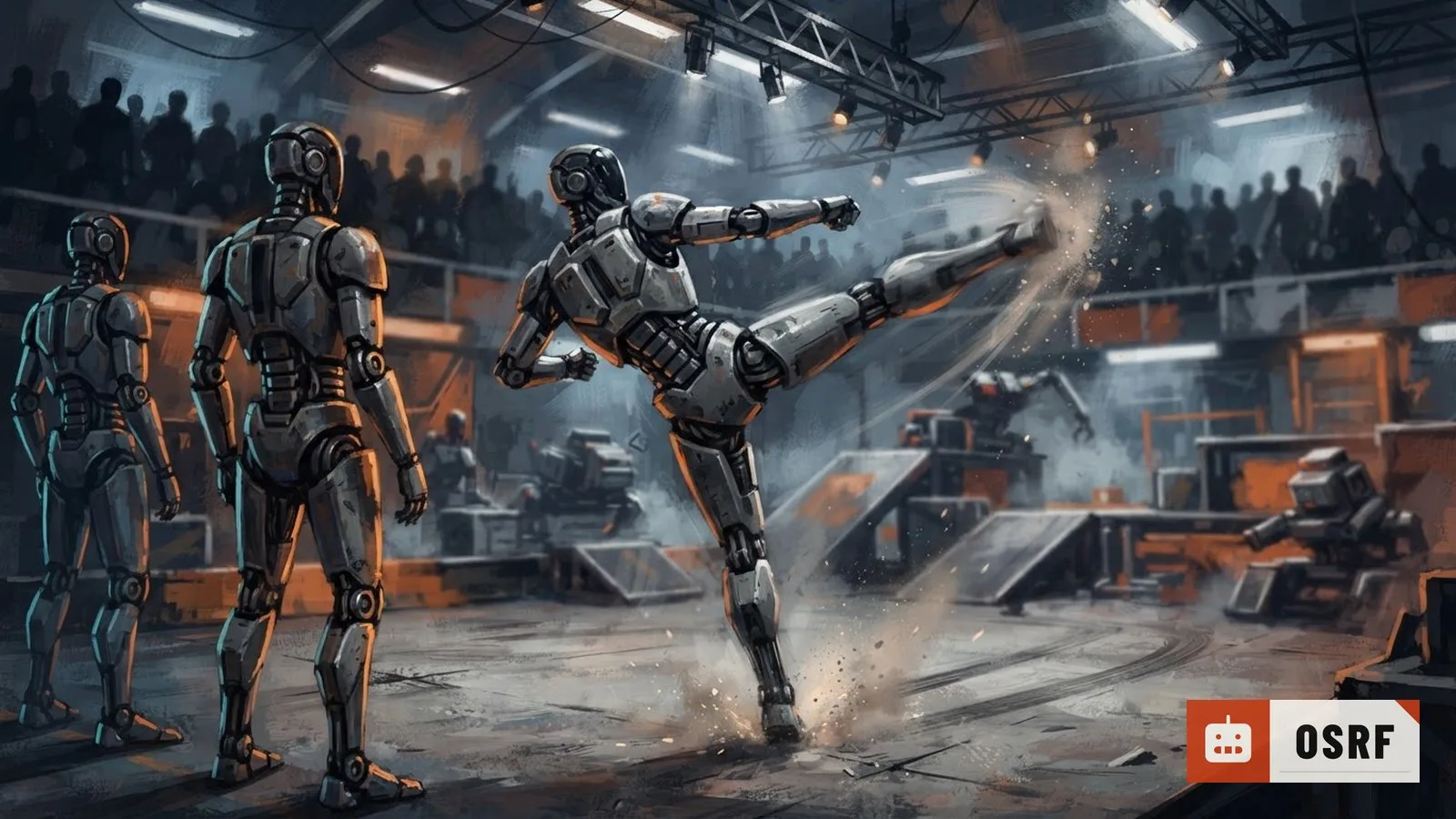 Illustration: humanoid robots standing in a row on an indoor arena floor, one mid-spinning-kick, obstacle course visible behind them.