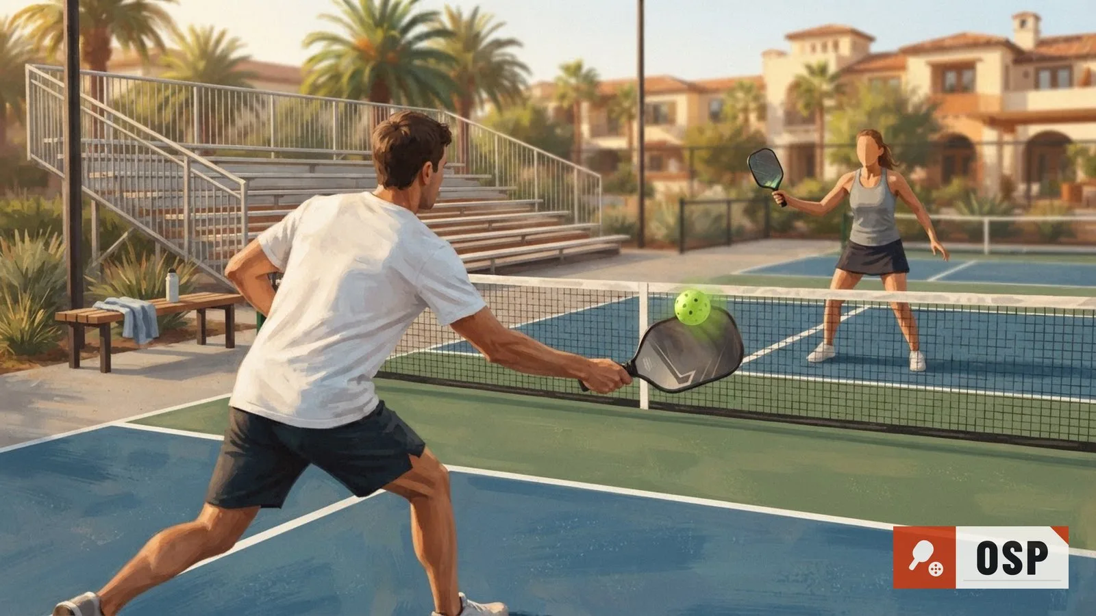 Illustration: outdoor pickleball court with paddles and ball mid-play, empty bleachers beside a sunny resort backdrop.