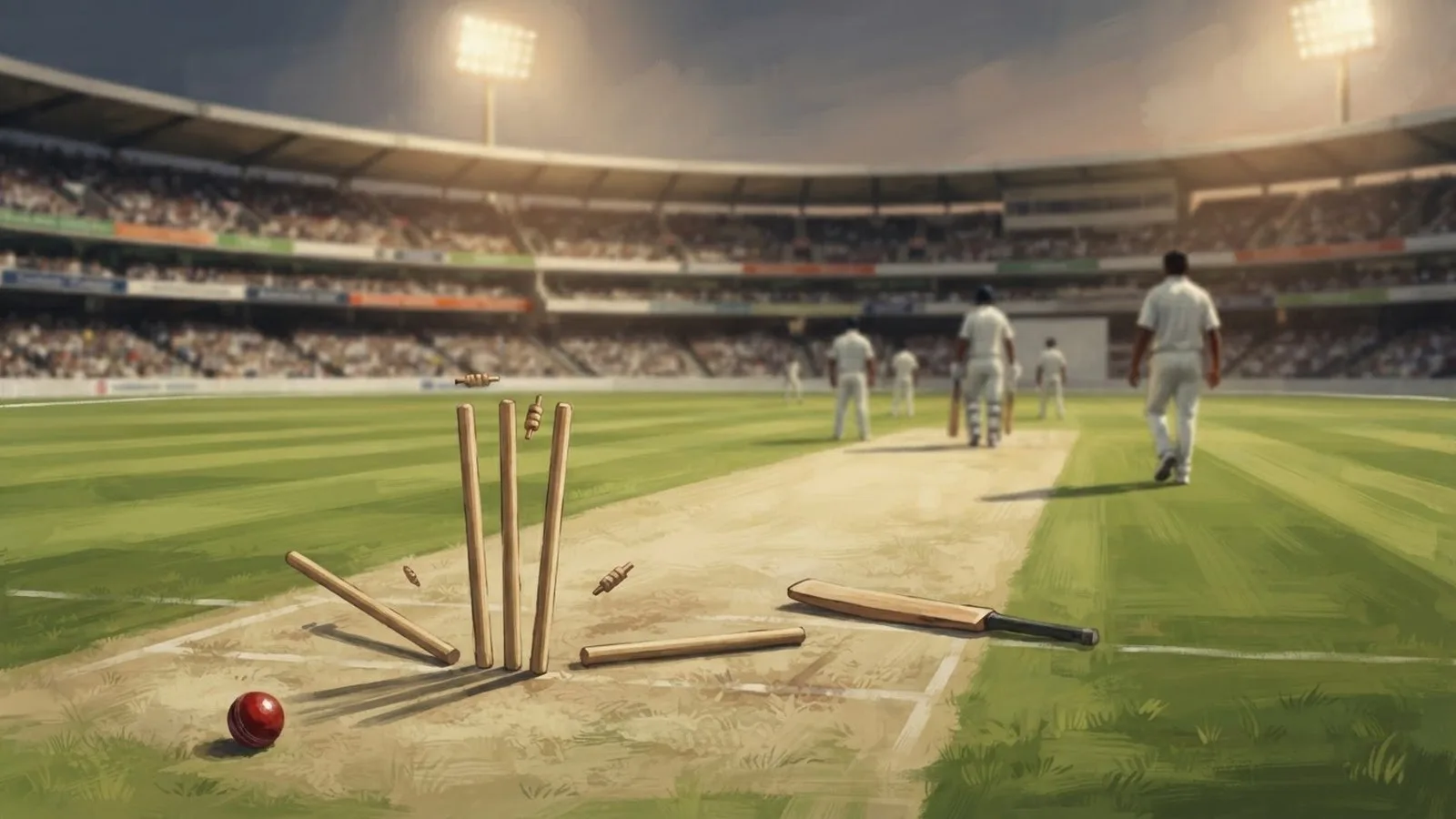 Illustration: cricket stumps knocked over on a grass pitch, scattered red ball and bat lying nearby under stadium floodlights.