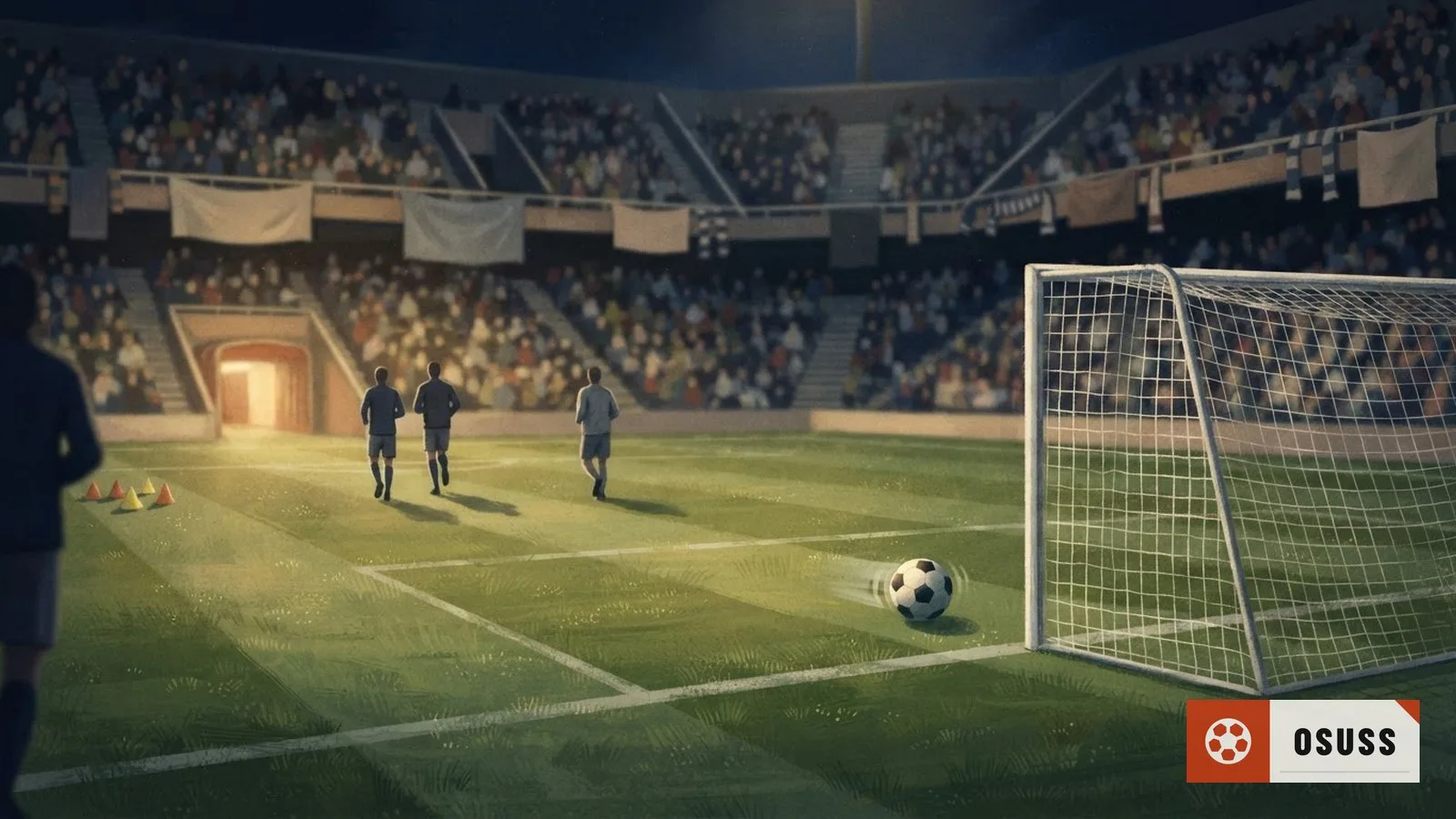 Illustration: floodlit soccer pitch with a ball rolling into an empty net under a night sky scoreboard glow