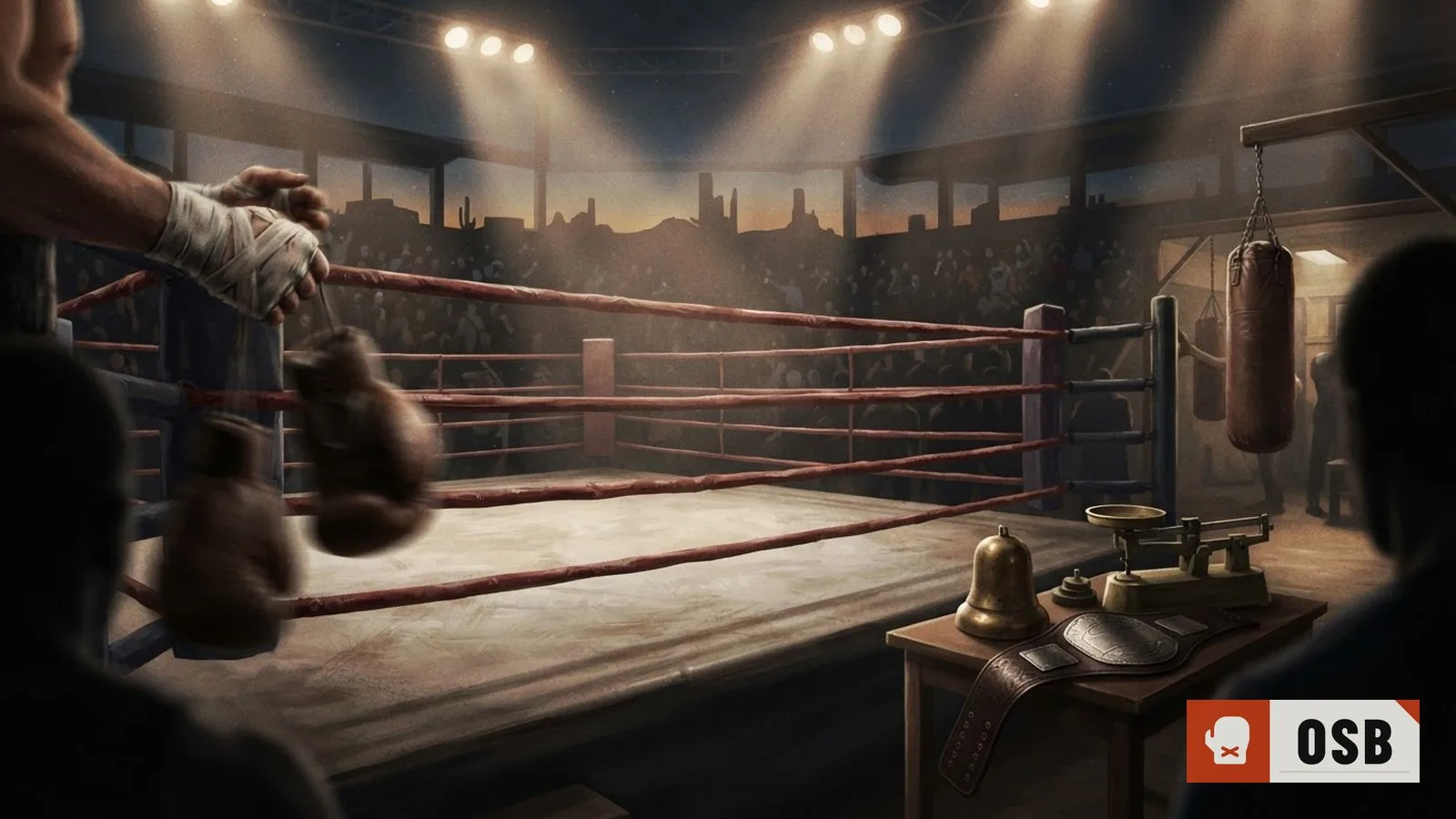 Illustration: empty boxing ring under bright arena lights with a desert skyline silhouette visible beyond open stadium walls.