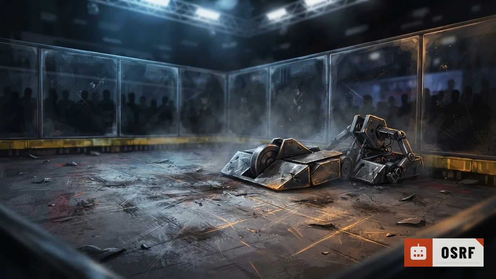 Illustration: the empty playing surface and its equipment at rest, no people anywhere in the frame