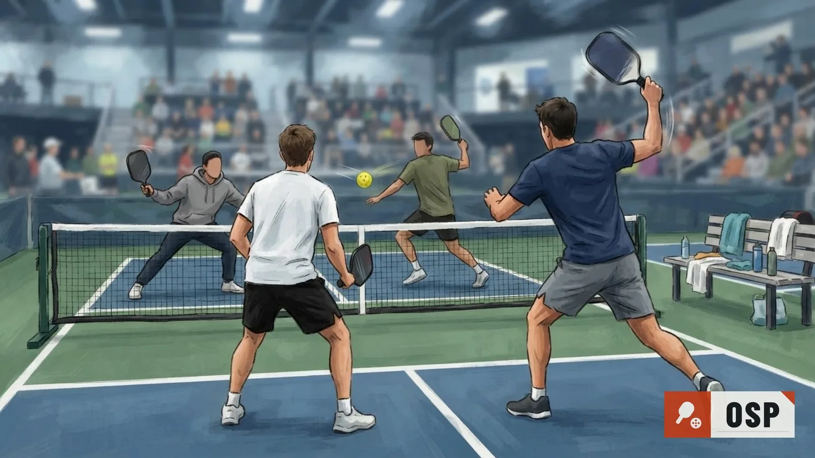 Illustration: two doubles pairs mid-rally on an indoor sports court, paddles raised, ball in flight over the net