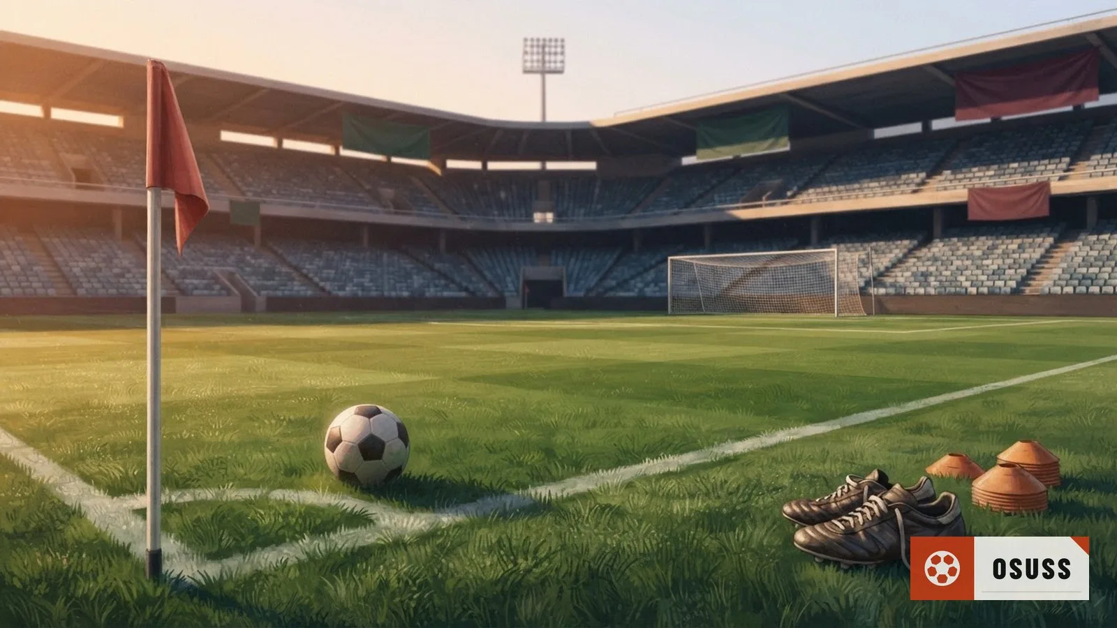 Illustration: the empty playing surface and its equipment at rest, no people anywhere in the frame