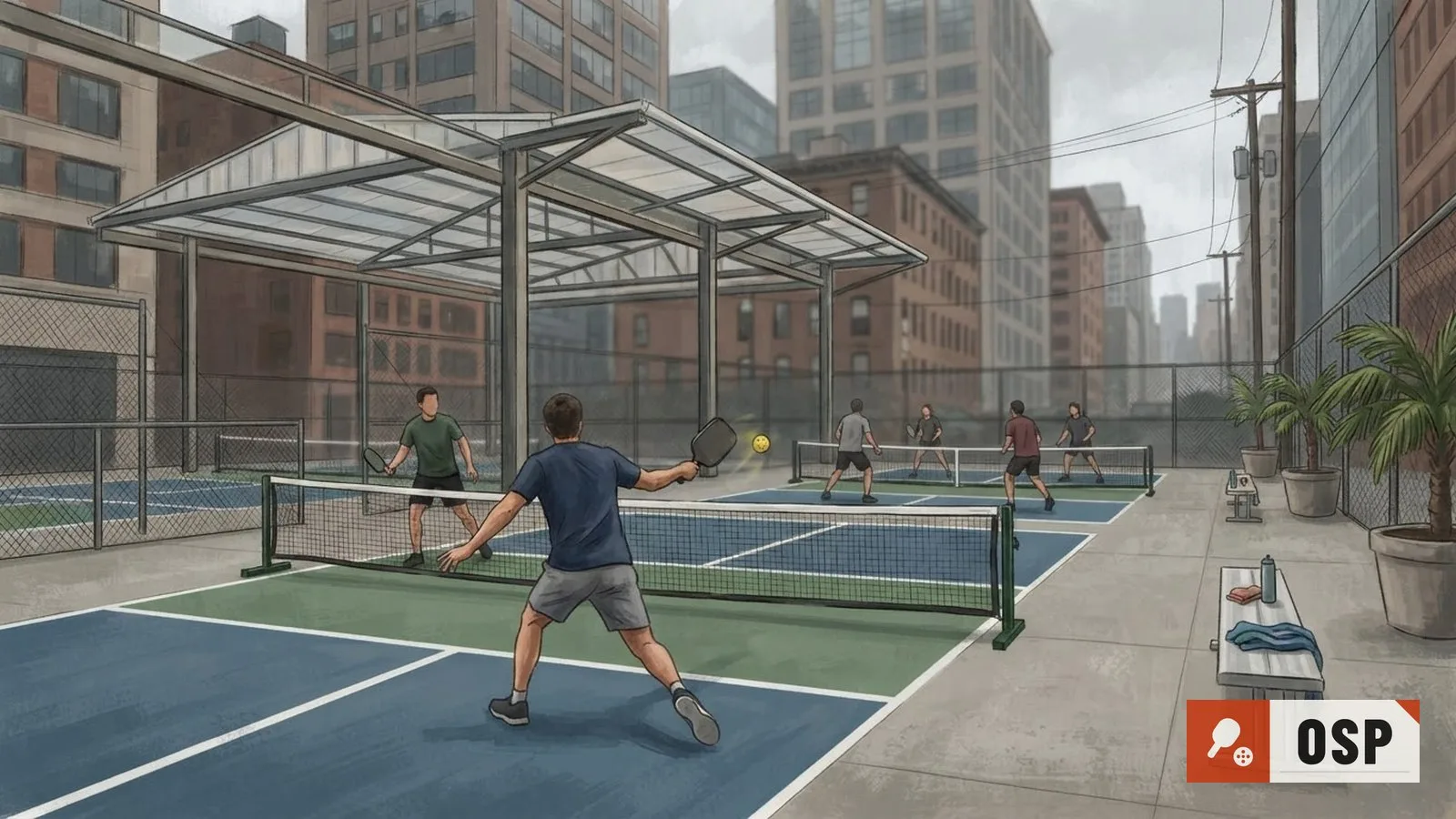 Illustration: two covered outdoor courts with painted lines sit between tall city buildings under an overcast sky.
