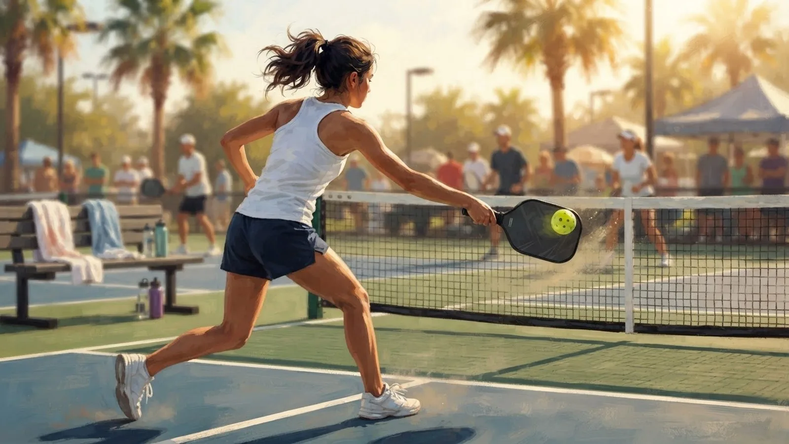 Illustration: young athlete mid-swing with paddle on an outdoor pickleball court under bright sunlight