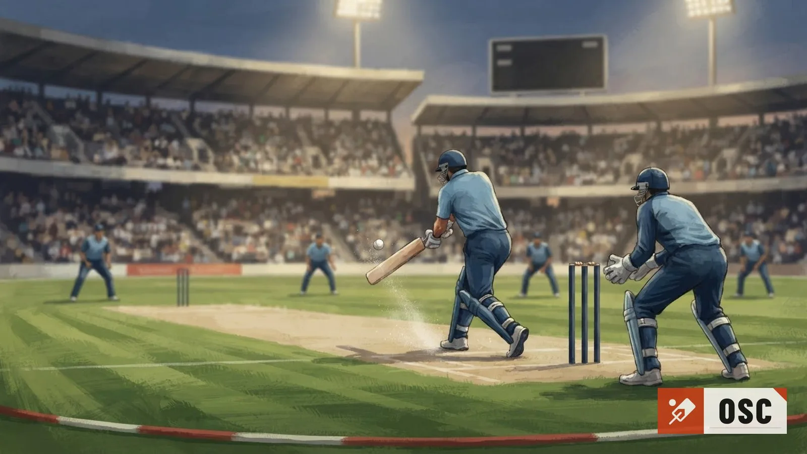 Illustration: cricket stadium with short boundary rope, scoreboard blank, players in generic colored kits mid-match under floodlights