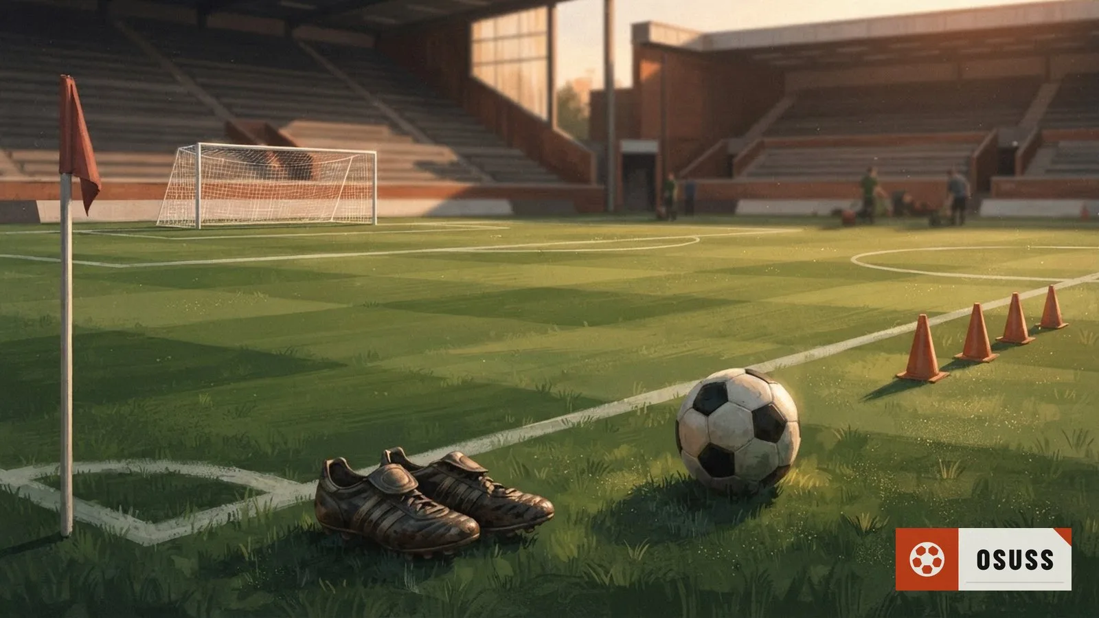 Illustration: the empty playing surface and its equipment at rest, no people anywhere in the frame