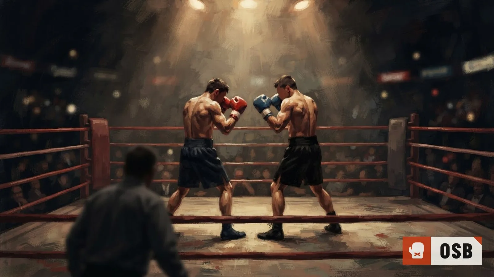 Illustration: two boxers face off in a lit ring, gloves raised, under a vast arena roof at night.