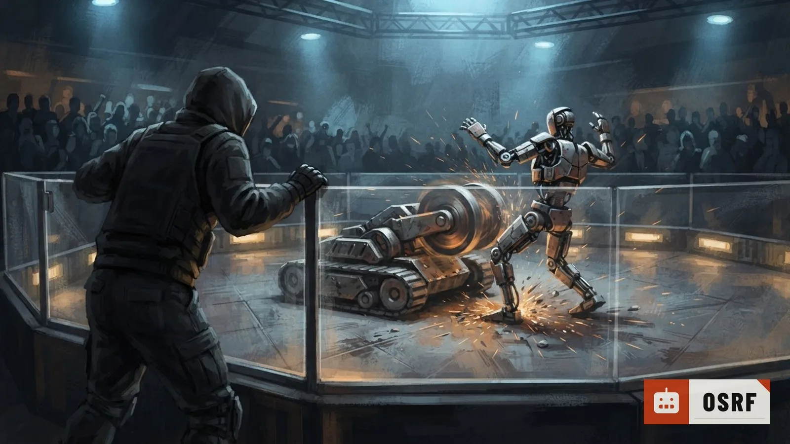 Illustration: a humanoid robot faces a person in a combat arena, another figure watching anxiously from the sidelines.