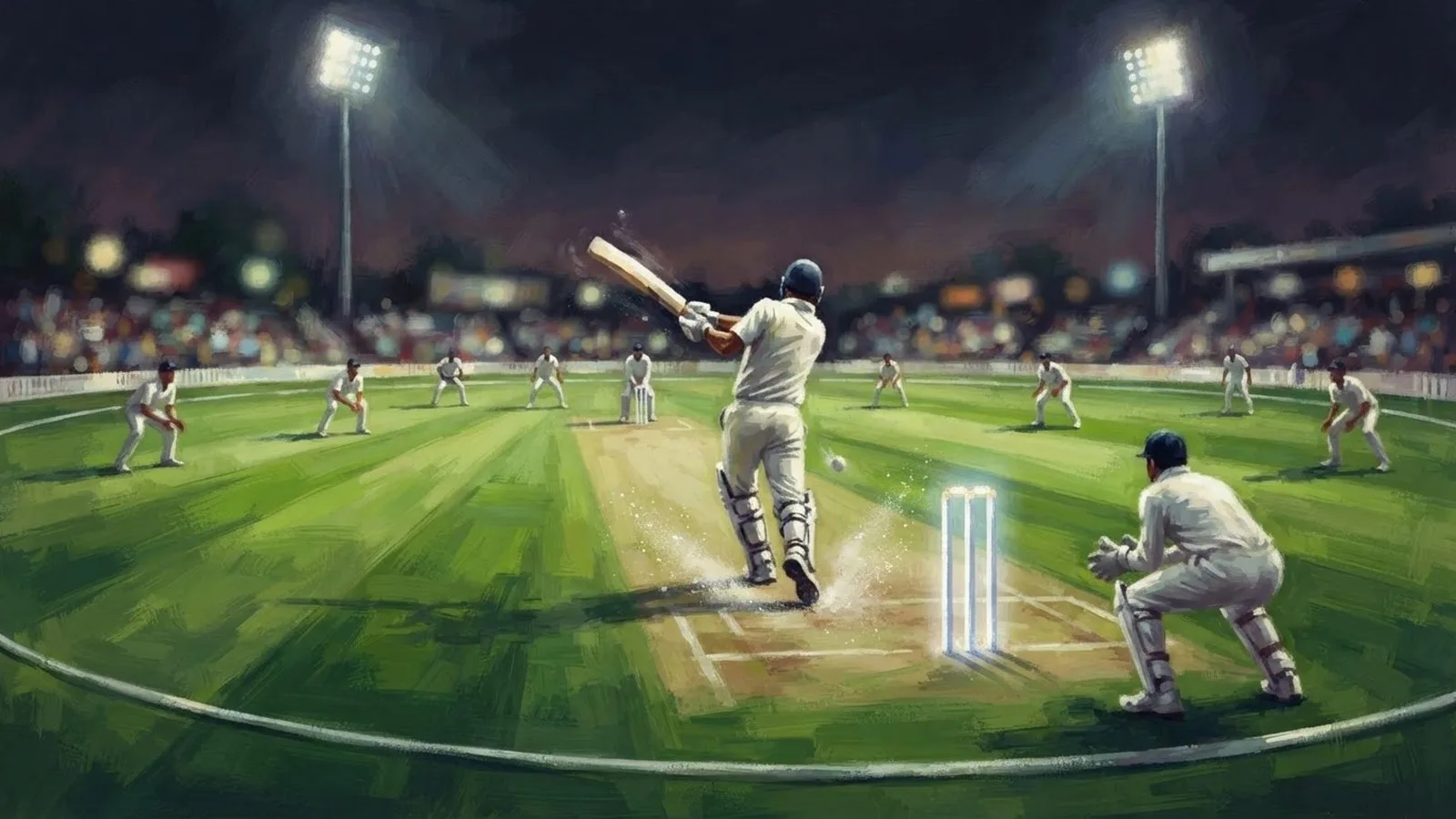 Illustration: floodlit cricket pitch at night, batter mid-swing, fielders scattered on green outfield, stumps glowing white.